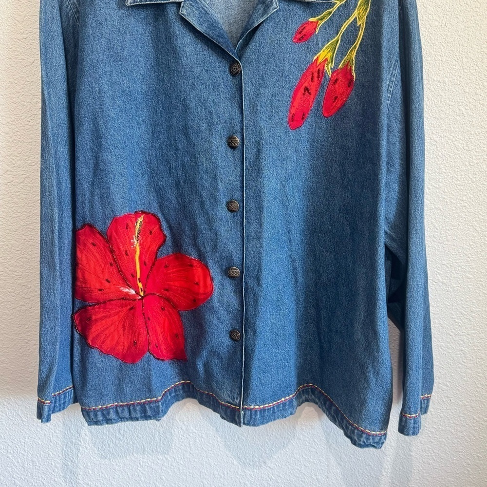 VTG Womens 1X Hibiscus Beaded Denim Jacket Boho Festival Floral Shacket Blue - Picture 9 of 10